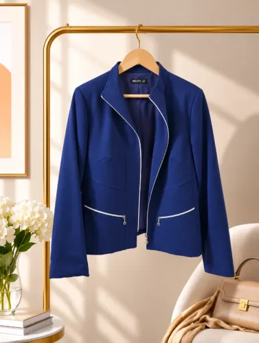 Estiloso e Moderno Blazer Casual Acinturado Azul forrado