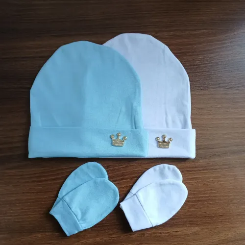 Kit Touca e Luva Bebê Maternidade - Azul e Branco