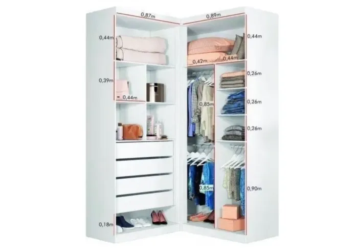 Guarda- roupa novo na caixa lateral de canto em L