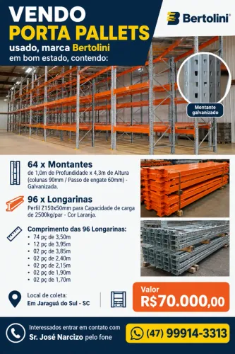 Porta Pallets Bertolini Usado - 64 Montantes e 96 Longarinas