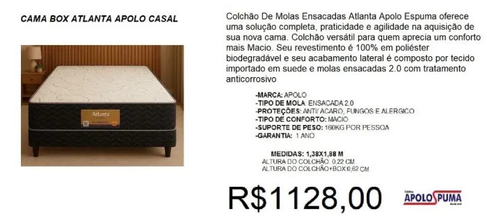 - COLCHÃO -ATLANTA + BOX- CASAL - COMPRE HOJE E RECEBA EM ATÉ 72 HORAS