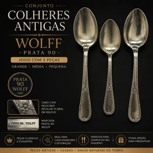 Colheres antigas Wolff Prata 90 (jogo de 3 peças) colher de cabo floral (original)