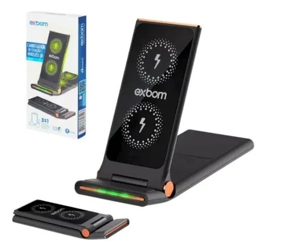 Carregador por Indução com Suporte 3 em 1 carrega celular, smartwatch e fone
