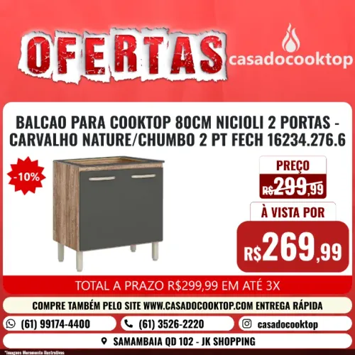 BALCAO PARA COOKTOP 80CM NICIOLI 2 PORTAS - CARVALHO NATURE/CHUMBO 2 PT FECH 16234.276.6