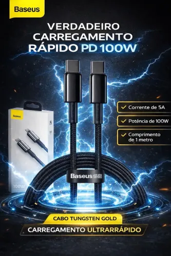 Cabo Baseus Tipo C Tungsten Gold - Carregamento Ultrarrápido 100W