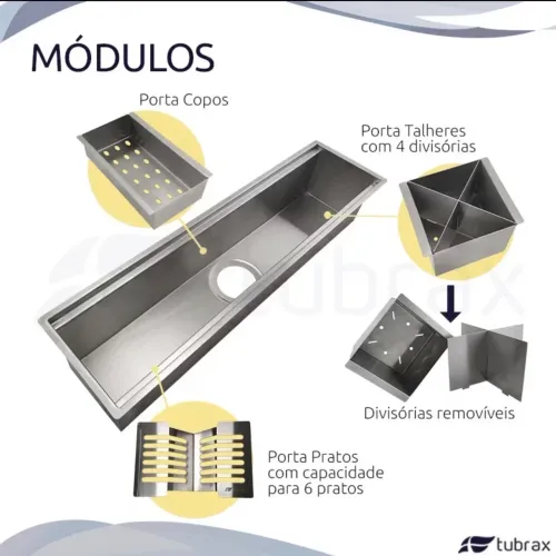 Calha Canal Organizador Cozinha Escorredor Inox 304 Úmida 3 módulos -Tubrax