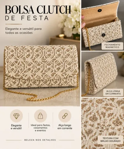 Bolsa de festa tipo clutche dourada com textura e alça