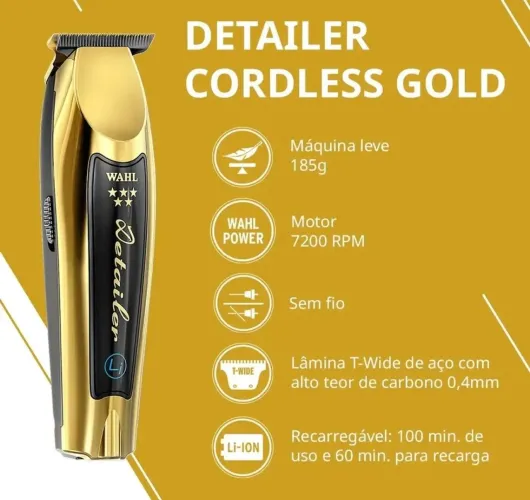Máquina de acabamento WAHL Profissional sem fio,base carregadora Detailer Gold 7200 RPM 