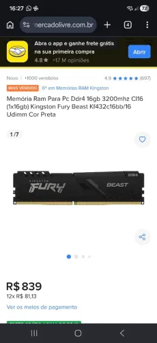 Memória RAM Kingston Fury Beast 16gb gb