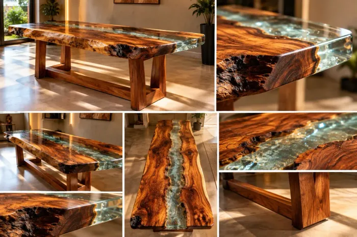 Mesa de madeira com resina cristalizado 