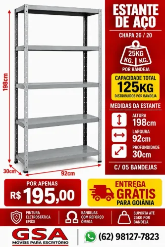 Estante de aço 30 cm c/ 5 bandejas ( Entrega grátis p/ Goiânia ! )