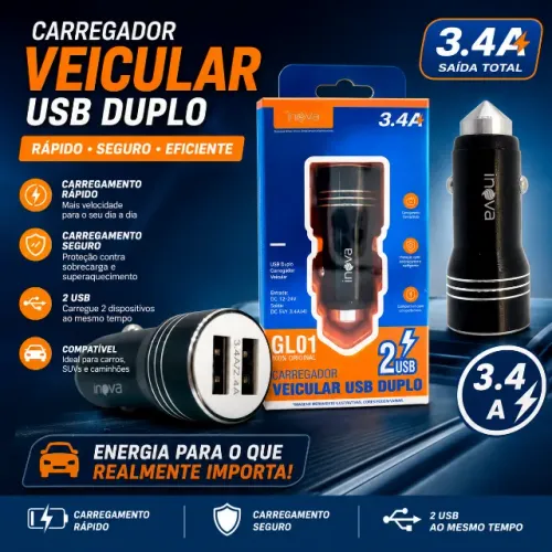Carregador Veicular Turbo 2 Portas Usb 3.4a Inova Gl01