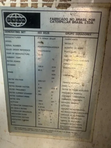 ?FG Wilson Brasil ?P8881 ?100 kVA ? Diesel ? 2010 ?menos de 5.000 horas ? Cabinado ? Usado