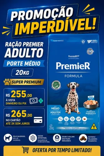 Ração Premier Adulto Raça Porte Médio 20KG Sabor Frango e Mandioca Super Premium