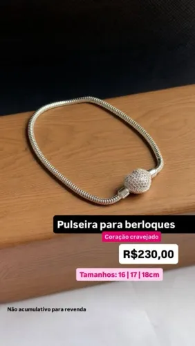 Pulseira para Berloques Coração Cravejado 16 | 17 | 18cm Prata 925