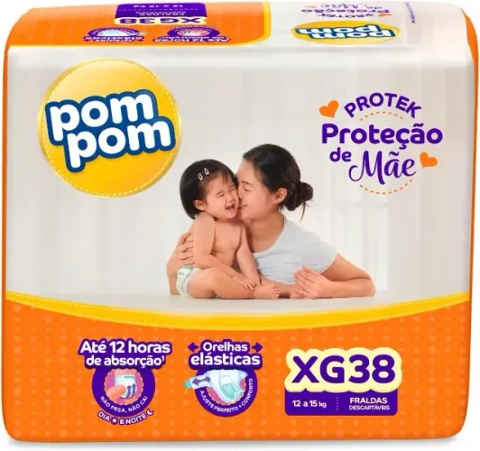 Fralda Pom Pom Protek Proteção de Mãe Mega XG 38 Unidades, c/ orelha elástica- (Econômica)