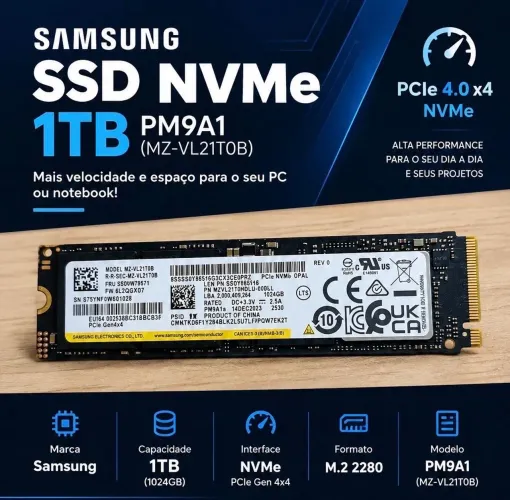 SSD Samsung PM9A1 NVMe 1TB M.2 PCIe 4.0 x4 - Alta Velocidade