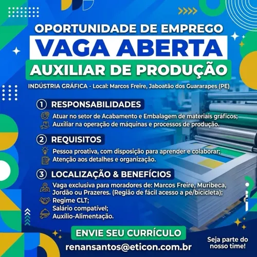 Vaga emprego- Auxiliar produção Gráfica