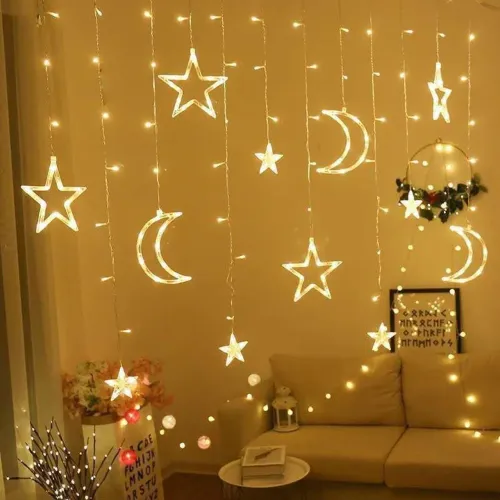 Cortina de Led Branca, Estrelas e Lua 
