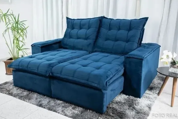  Sofá Retrátil Azul Manchester 3 Lugares Entrega Rápida 