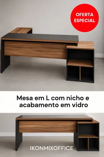 Mesa em L com Nicho e Acabamento em Vidro - Design Sofisticado IkonMixOffice!