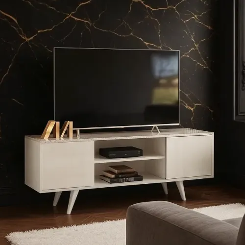 Rack estilo retrô calacata off white Ate 55 polegadas 