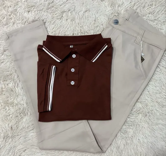 Kit Camisa Polo Marrom e Calça Sarja Bege