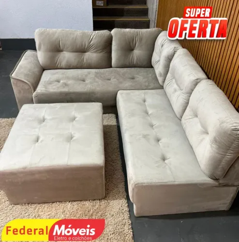 Sofá de Canto c/ Puff 2,95m Veludo Bege - Novo!