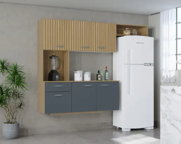 A551.Cozinha Suspensa com Balcao Isis 180 Damasco Ripado 3D.Cinza Poquema