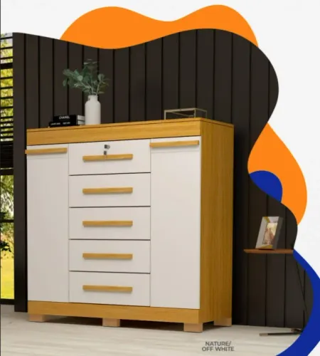 Sapateira Com 2 Portas 5 Gavetas 100% MDF Puxadores Madeira Cinamomo/Off White - Em Oferta