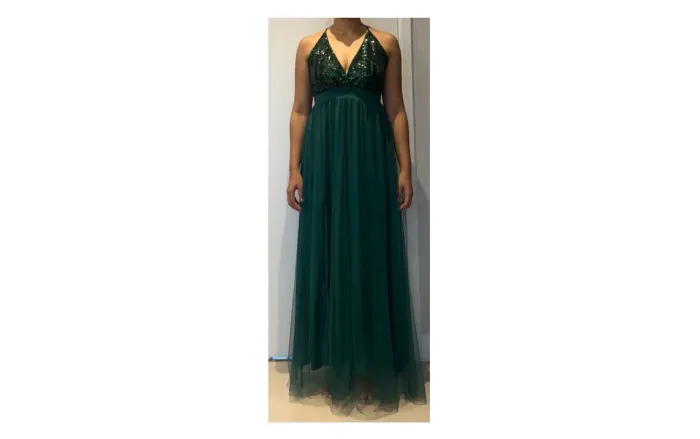 Vestido longo verde de festa com brilho