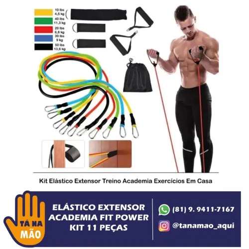 Kit Elástico Extensor Academia Fit Power - 11 Peças