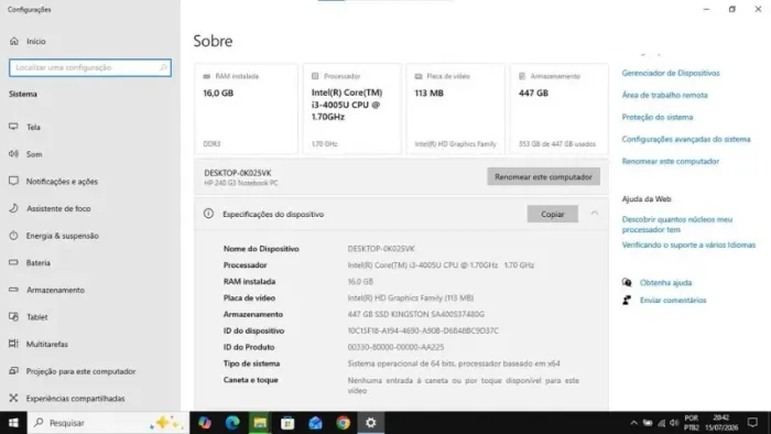 Notebook HP G3 i3 16GB RAM