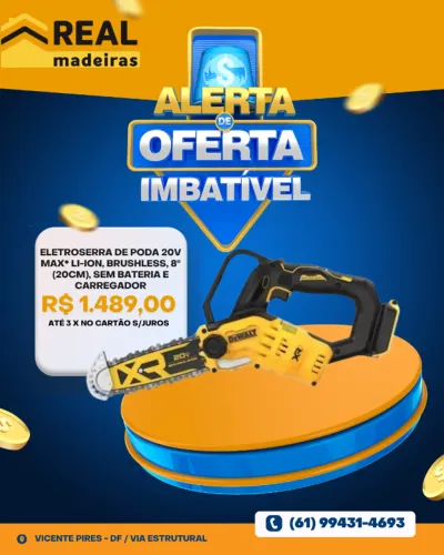 ELETROSSERRA DE PODA DEWALT 20V MAX* LI-ION, BRUSHLESS 8? (20cm) SEM BATERIA E CARREGADOR