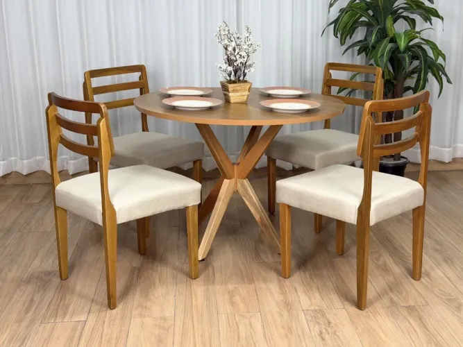 Mesa de Jantar Circular Simpatia 1.08×1.08 c/4 Cadeiras Linho Entrega Rápida