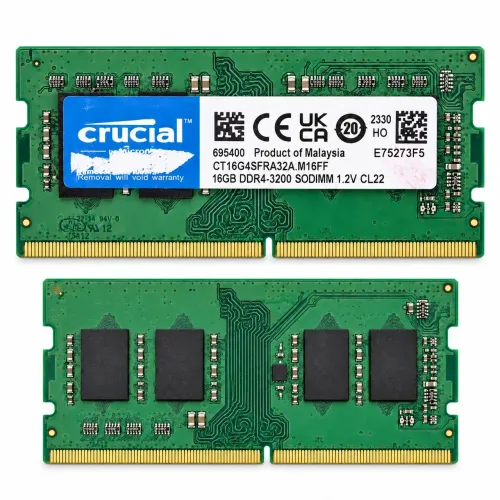 Memória RAM Crucial para notebook, 16GB DDR4 3200MHz, em bom funcionamento.