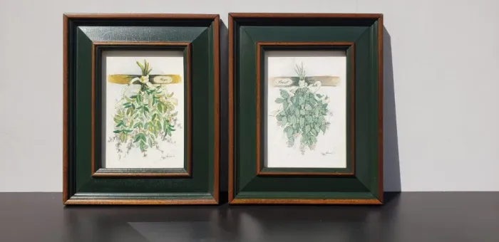 Estampas botânicas emolduradas Peggy Abrams "Manjericão" e "Sálvia" aquarela erva