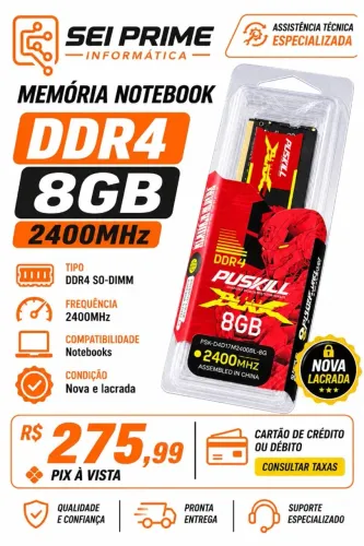 Memória RAM 8GB DDR4 2400MHz Puskill Killblade - Nova -R$276,00