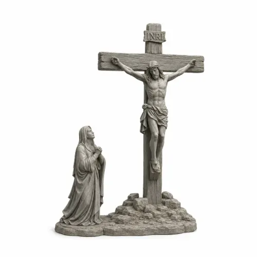 Estátua Enfeite Jesus Crucificado Com Nossa Senhora