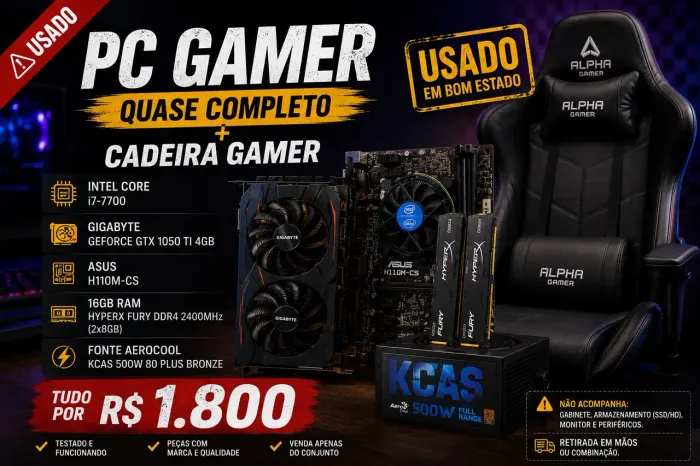 PC Gamer i7 + GTX 1050 Ti + 16GB RAM + Cadeira Gamer