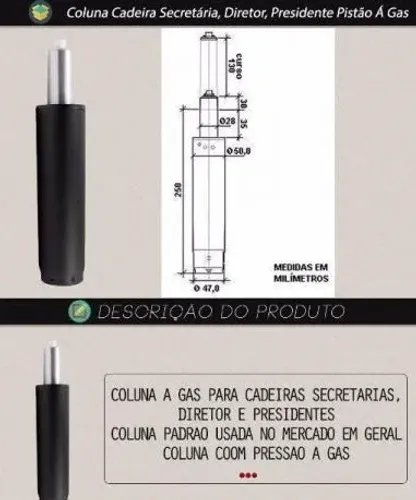 Coluna/Pistão gás para cadeira giratoria universal até 120kg