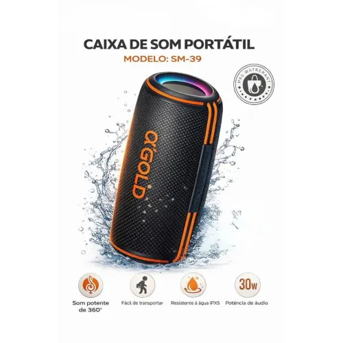 Caixa de Som Bluetooth ?'GOLD Plus SM-39 30W IPX5 LED RGB FM USB TWS Portátil<br>