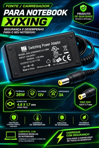 Fonte Carregador Para Notebook XIXING 12v 3.aª 36w Pino 4.8 X 1.7 mm