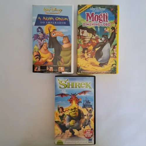 Kit 3 Fitas VHS Clássicos Infantis - Shrek (legendado), Mogli, A Nova Onda do Imperador