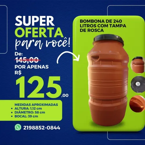 Bombona Galão Tonel Tambor Barril Bombonas 240 L pra Água, Gelo, Ração, Óleo, Suco, Obra 