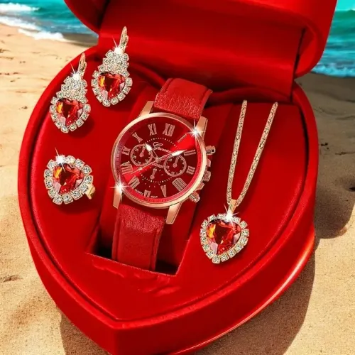Relógio Quartzo Geneva Com Conjunto De Joias Design Brilhante De Diamante Fashion Vermelho