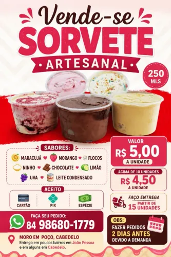 SORVETE ARTESANAL 250ML - VÁRIOS SABORES .