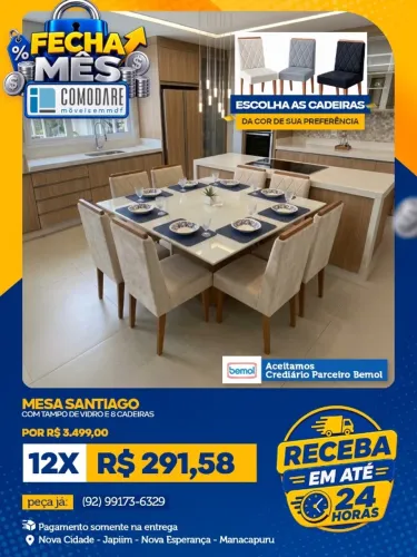 Mesa Santiago com Tampo de Vidro e 8 Cadeiras - R$ 3.499,00