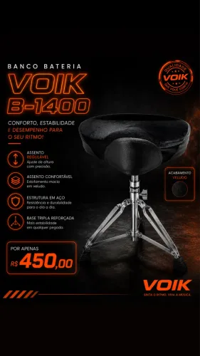 Banco Bateria Assento Regulável Selim Voik B-1400 Aço Cor Veludo.