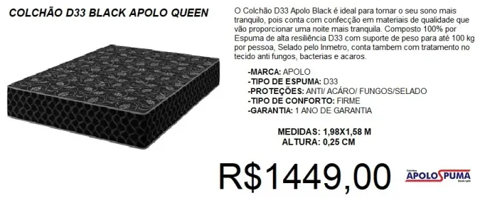 Colchão queen espuma d33 apolo black 25cm espessura - frete grátis